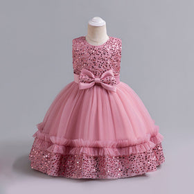 Girls Pink Fluffy Sequined Partywear Dress With Ruffles Party Dresses Pink 1-2 Y