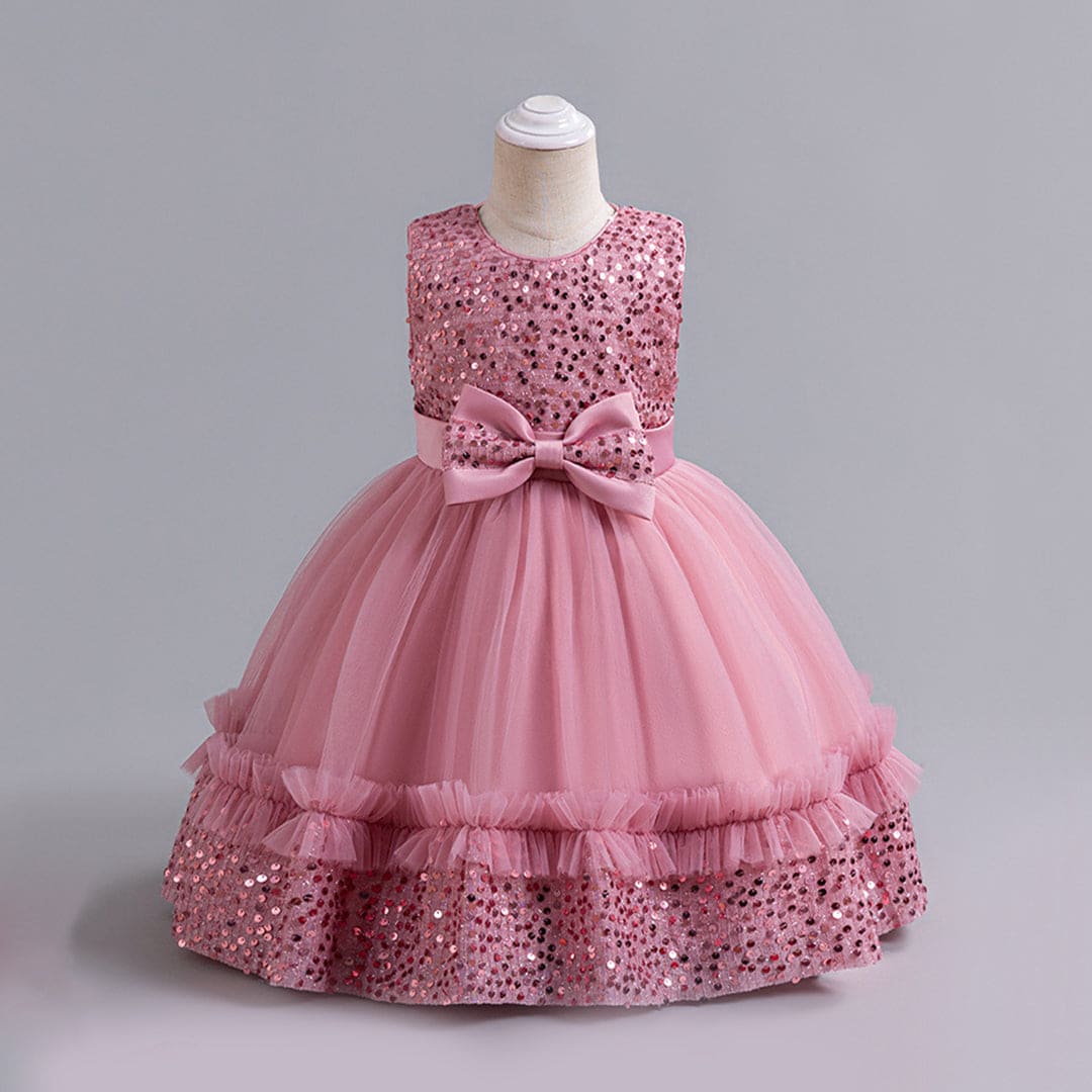 Girls Pink Fluffy Sequined Partywear Dress With Ruffles Party Dresses Pink 1-2 Y