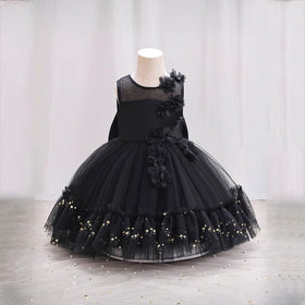 Girls Black Flower Embellished Partywear Dress With Back Bow Party Dresses Black 1-2 Y