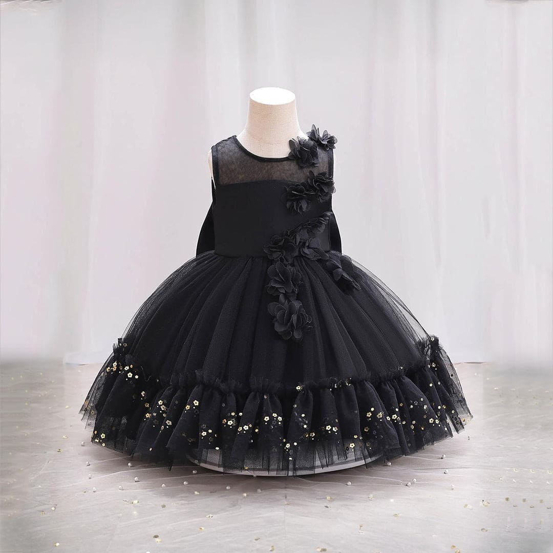 Girls Black Flower Embellished Partywear Dress With Back Bow Party Dresses Black 1-2 Y