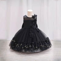 Girls Black Flower Embellished Partywear Dress With Back Bow Party Dresses Black 1-2 Y