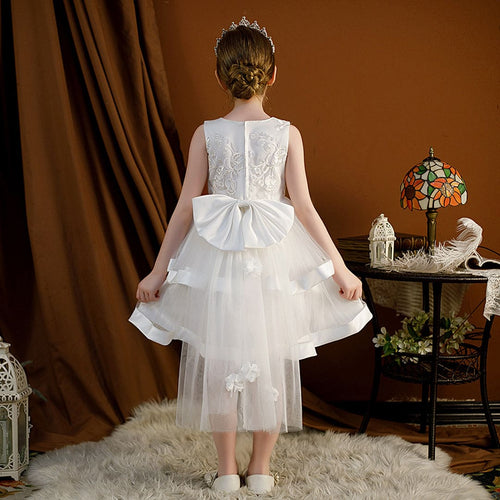 Girls White High Low Princess Partywear Dress With Bow Party Dresses