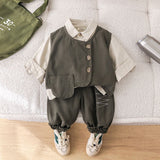 Boys Green Sleeveless Vest With Shirt & Trousers Set