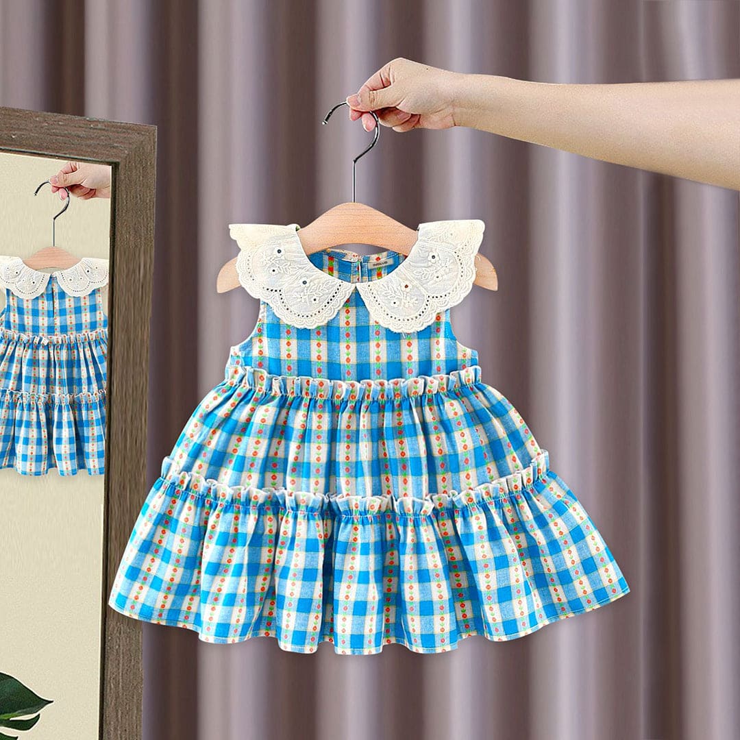 Girls Blue Peter Pan Collar Plaid Layered Dress Casual Dresses Blue 1-2 Y