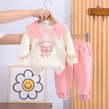 Girls Pink Peter Pan Collar Bow Embroidery Sweatshirt With Pants Set