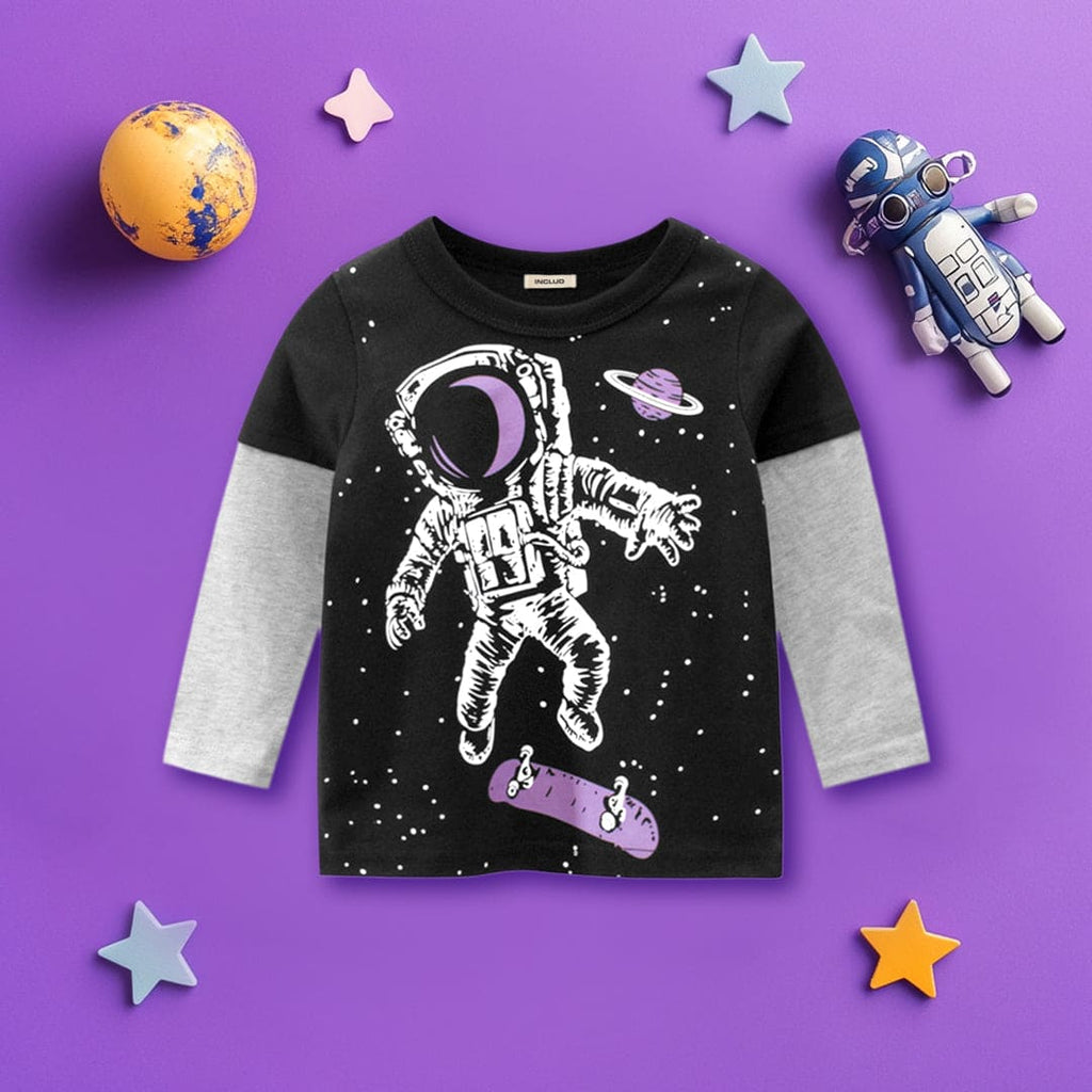 Boys Black Astronaut Print Doctor Sleeves T-shirt Tshirts Black 1-2 Y