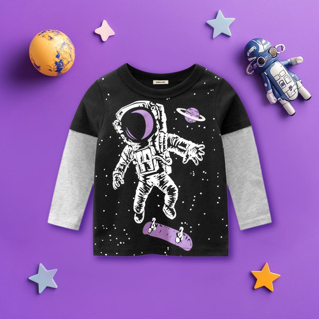 Boys Black Astronaut Print Doctor Sleeves T-shirt Tshirts Black 1-2 Y