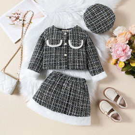 Girls Black Texture Crop Length Jacket With Skirt & Hat Set Sets Black 1-2 Y