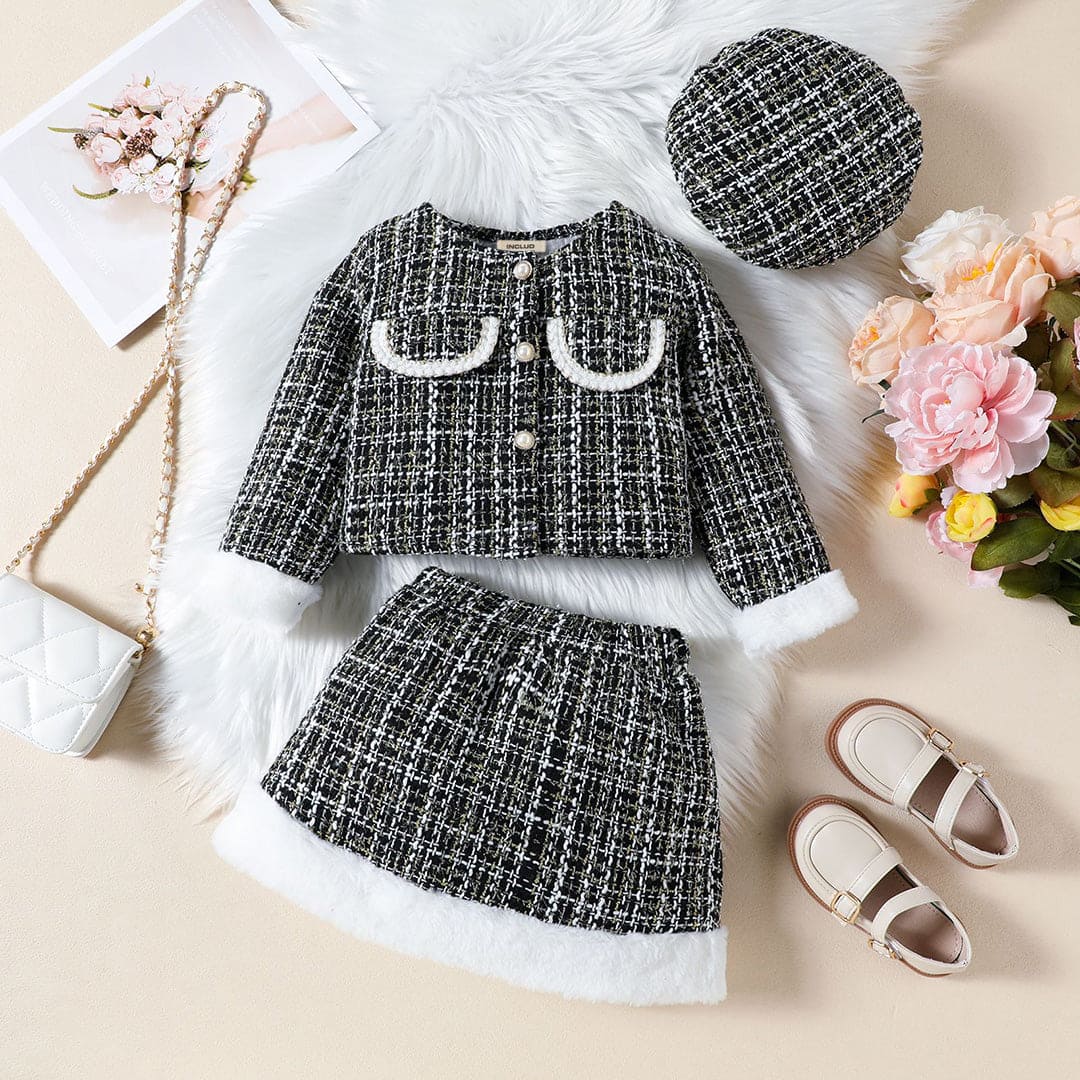 Girls Black Texture Crop Length Jacket With Skirt & Hat Set Sets Black 1-2 Y
