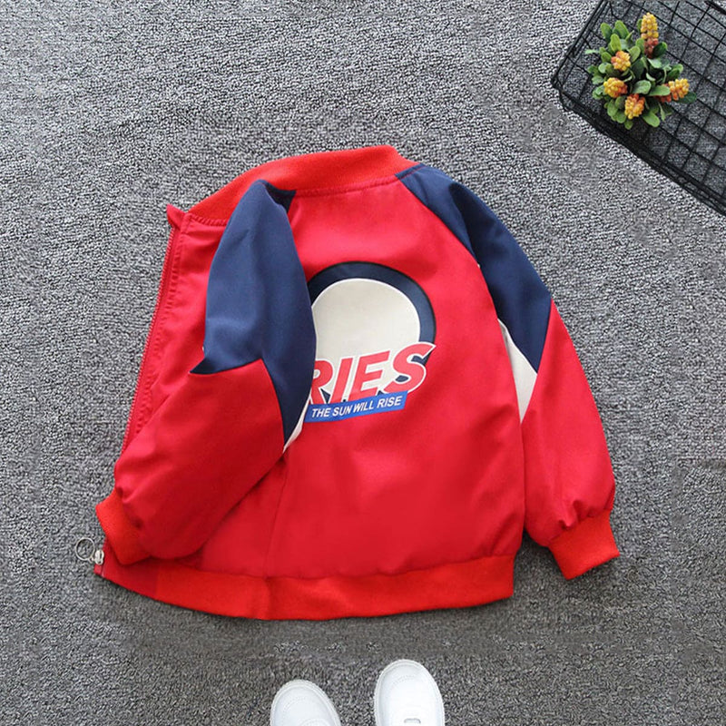 Boys Red Printed Front Open Trendy Jacket With Side Pockets Coats & Jackets