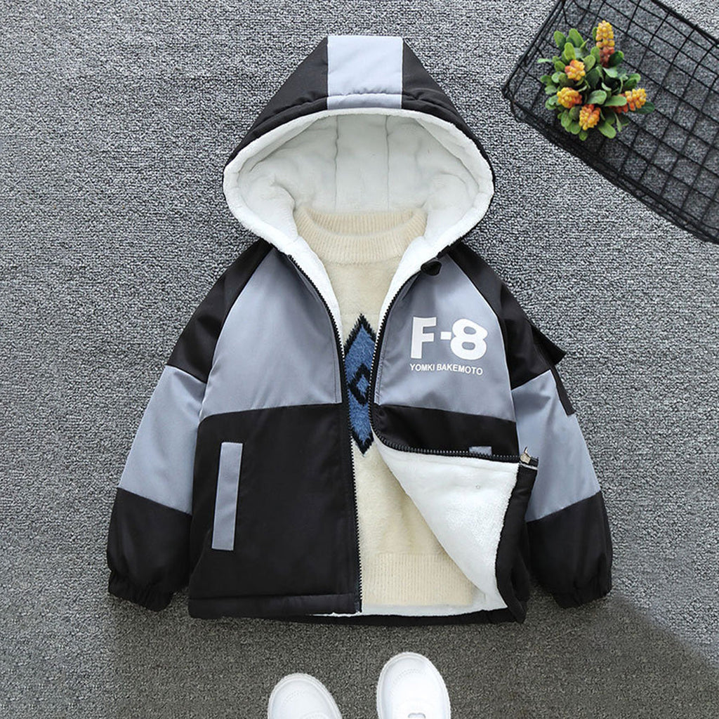 Boys Grey Color-blocked Long Sleeves Hooded Fur Lined Jacket Coats & Jackets Grey 1-2 Y