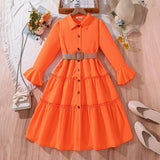Girls Vibrant Orange Tiered Bell Sleeve Button-Down Dress with Belt