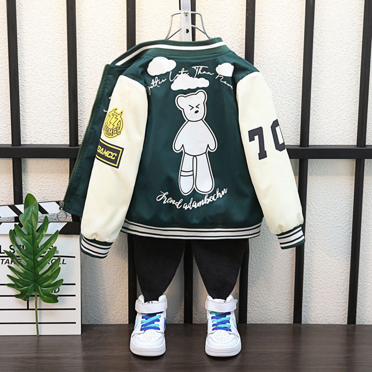 Girls Green Printed Varsity Jacket With Fleece Lining Coats & Jackets