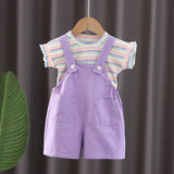 Girls Purple Multistripe T-shirt with Dungaree Set