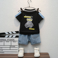 Boys Black Graphic Polo T-Shirt With Denim Shorts Set Sets Black 1-2 Y