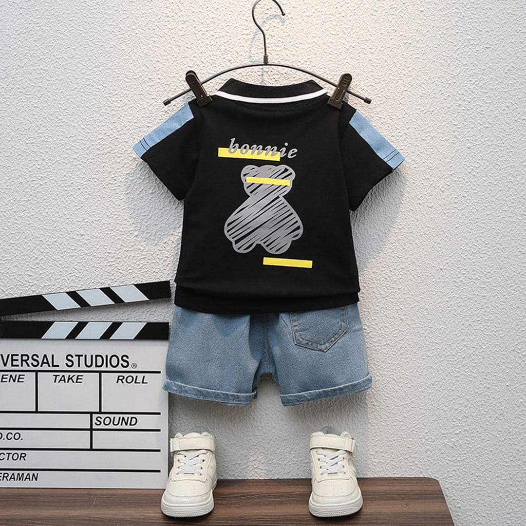Boys Black Graphic Polo T-Shirt With Denim Shorts Set Sets Black 1-2 Y
