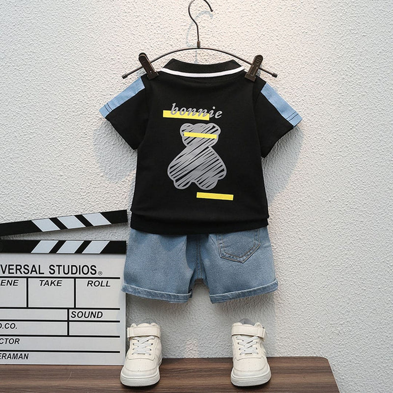 Boys Black Graphic Polo T-Shirt With Denim Shorts Set Sets Black 1-2 Y