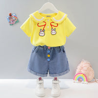 Girls Yellow Peter Pan Collar Top with Cuffed Jeans Shorts Sets