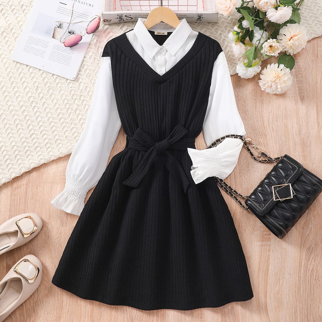 Girls Black Ribbed V-Neck Knitted Dress With White Collared Blouse and Sleeves Casual Dresses Black 8-9 Y