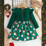 Girls Green Christmas Print Full Sleeves Fit & Flare Dress