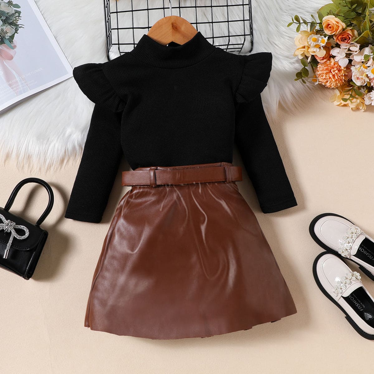Girls Brown High Neck Top With Faux Leather Skirt Set Sets