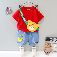 Boys Red 3D Patch Applique T-shirt & Denim Shorts Set Sets