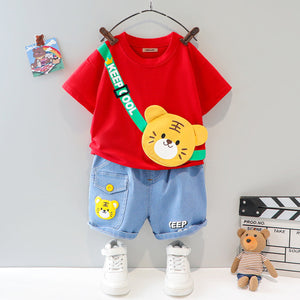 Boys Red 3D Patch Applique T-shirt & Denim Shorts Set Sets
