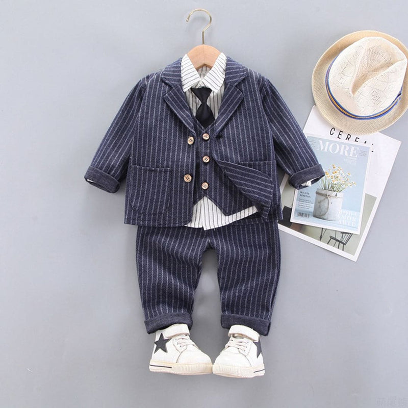 Boys Pinstripe Formal Suit with Vest, Blazer And Trousers Sets Sets Dark Blue 1-2 Y