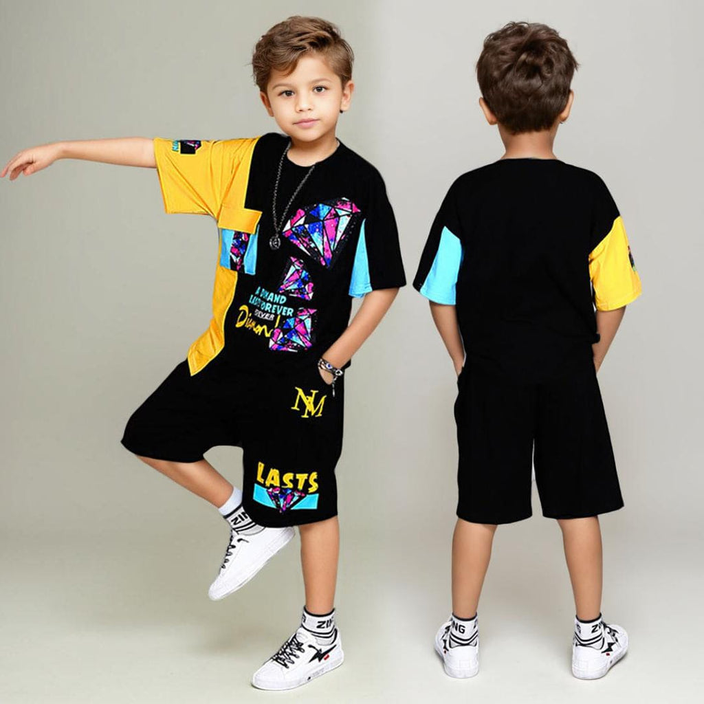 Boys Diamond Print T-Shirt With Shorts Sets   