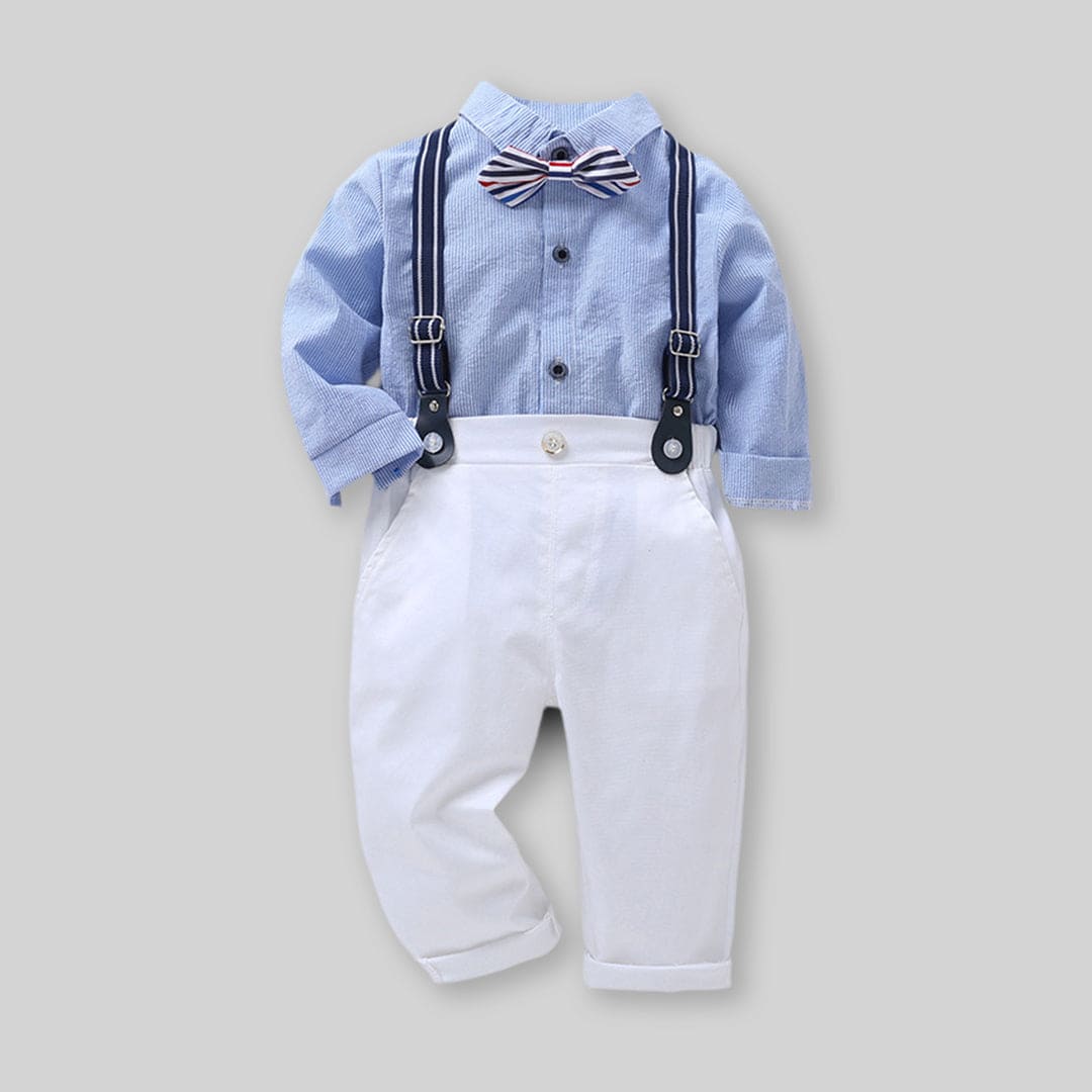 Boys Blue Long Sleeve Stripes Shirt With Suspender Pants Set Sets