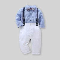 Boys Blue Long Sleeve Stripes Shirt With Suspender Pants Set Sets