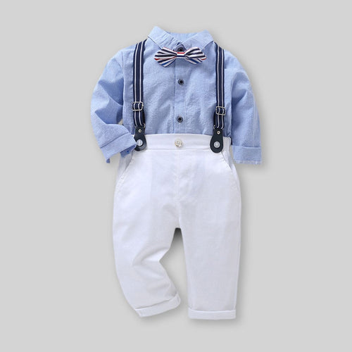 Boys Blue Long Sleeve Stripes Shirt With Suspender Pants Set Sets