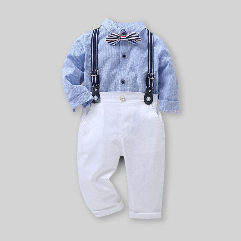 Boys Blue Long Sleeve Stripes Shirt With Suspender Pants Set Sets