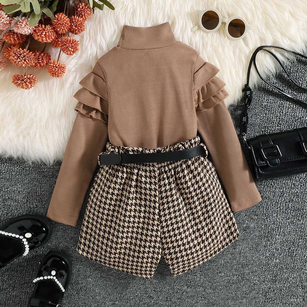 Girls Long Sleeve High Neck Top With Houndstooth Shorts Set 2 pc. Sets