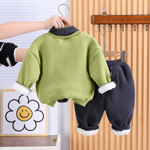 Boys Green Fur Applique Sweatshirt with Elasticated Joggers Sets Winterwear Sets