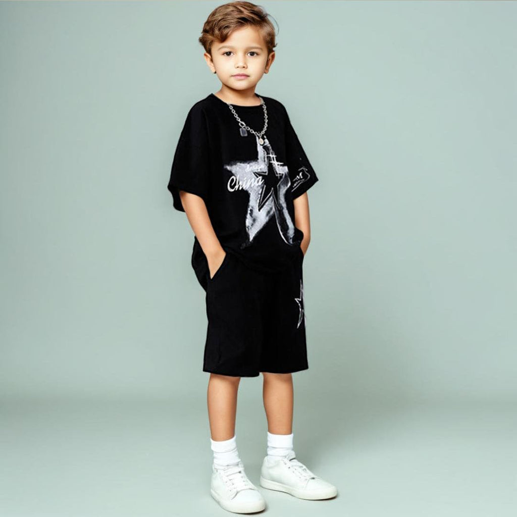 Boys Black Printed T-shirt with Shorts Set Sets   