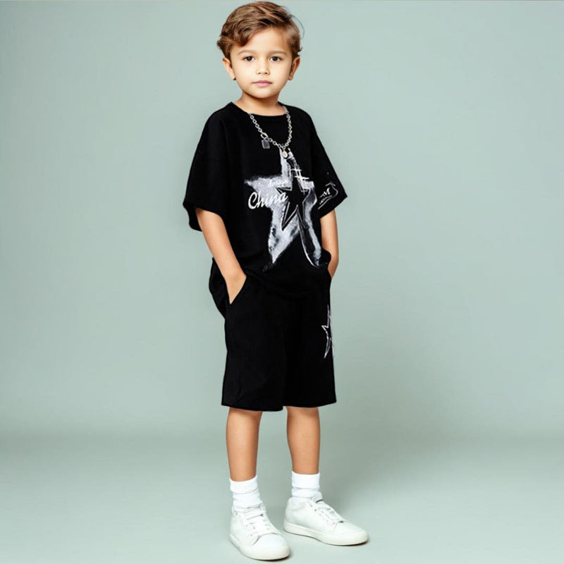 Boys Black Printed T-shirt with Shorts Set Sets   