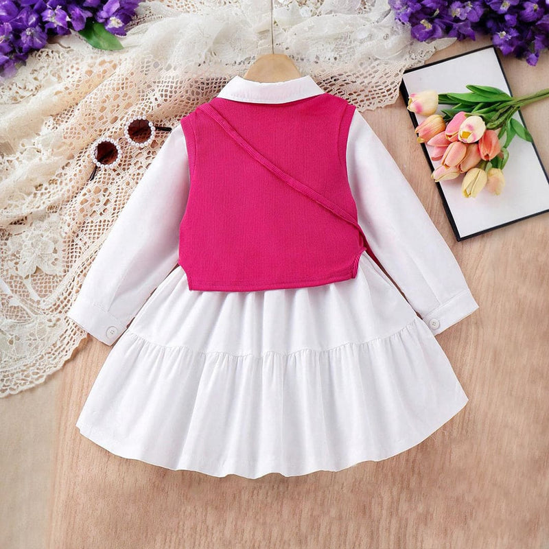 Girls Long Sleeves Drop Waist Dress With Sweater Vest Casual Dresses