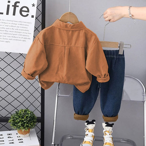 Boys Brown Long Sleeves Shirt With Distress Denim Pants Set Sets
