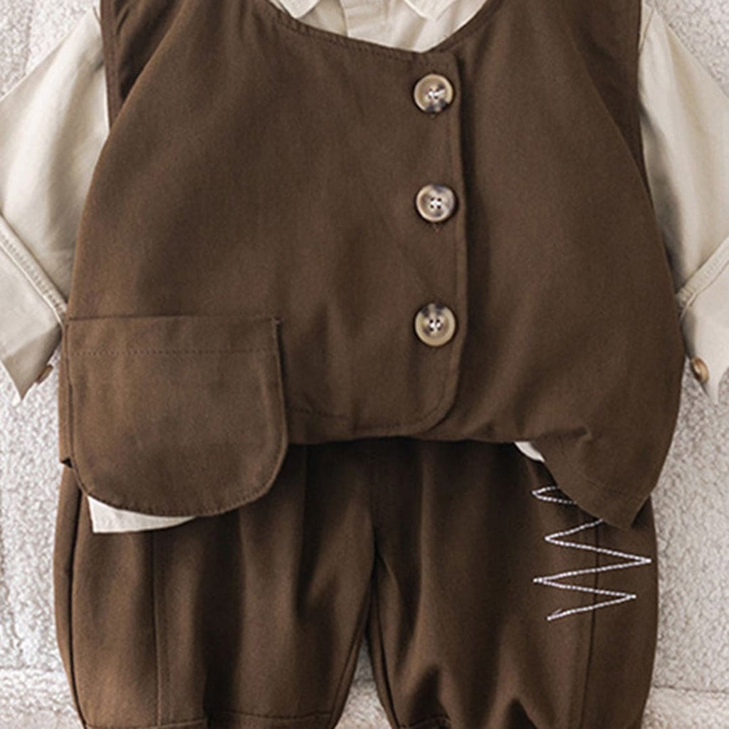 Boys Brown Sleeveless Vest With Long Sleeve Shirt & Trousers Set Sets