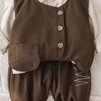 Boys Brown Sleeveless Vest With Long Sleeve Shirt & Trousers Set Sets