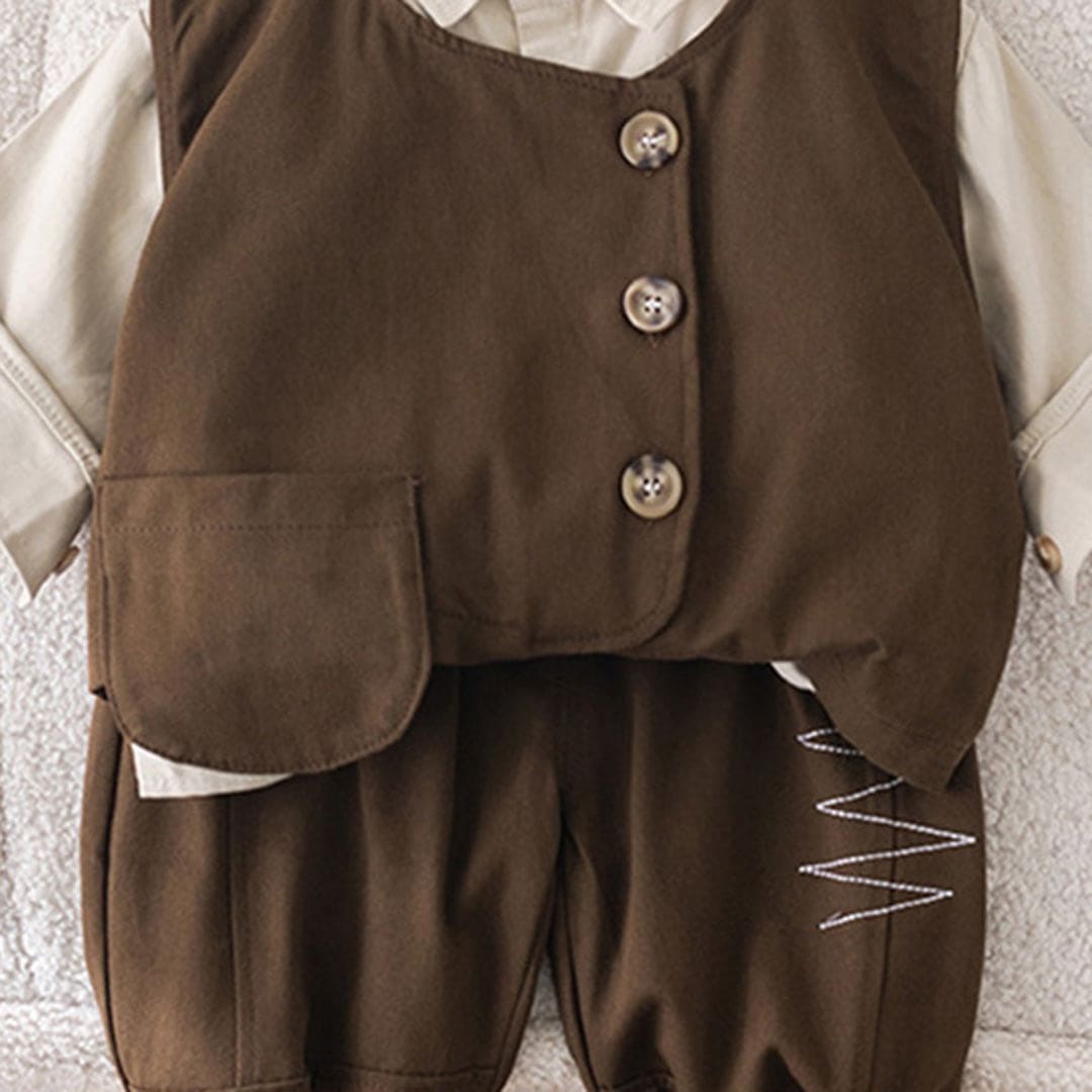Boys Brown Sleeveless Vest With Long Sleeve Shirt & Trousers Set Sets