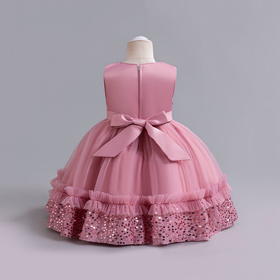 Girls Pink Fluffy Sequined Partywear Dress With Ruffles Party Dresses