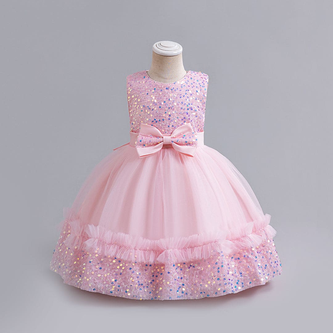 Girls Light Pink Fluffy Sequined Partywear Dress With Ruffles Party Dresses Light Pink 1-2 Y