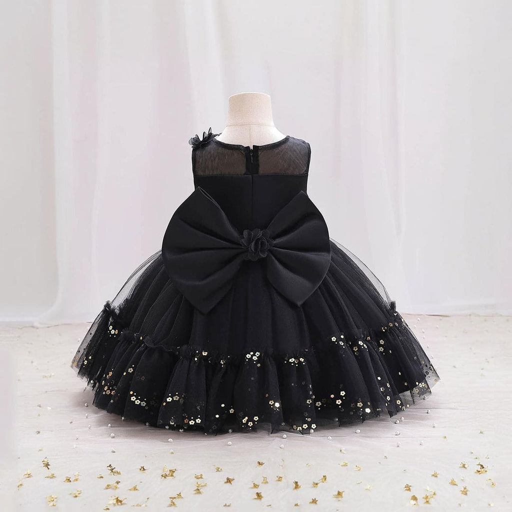 Girls Black Flower Embellished Partywear Dress With Back Bow Party Dresses