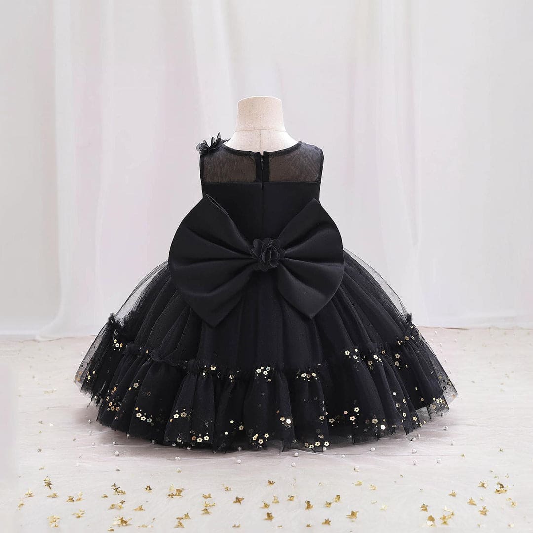 Girls Black Flower Embellished Partywear Dress With Back Bow Party Dresses