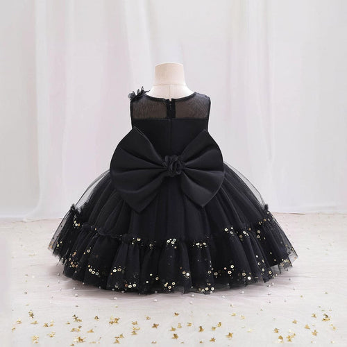 Girls Black Flower Embellished Partywear Dress With Back Bow Party Dresses