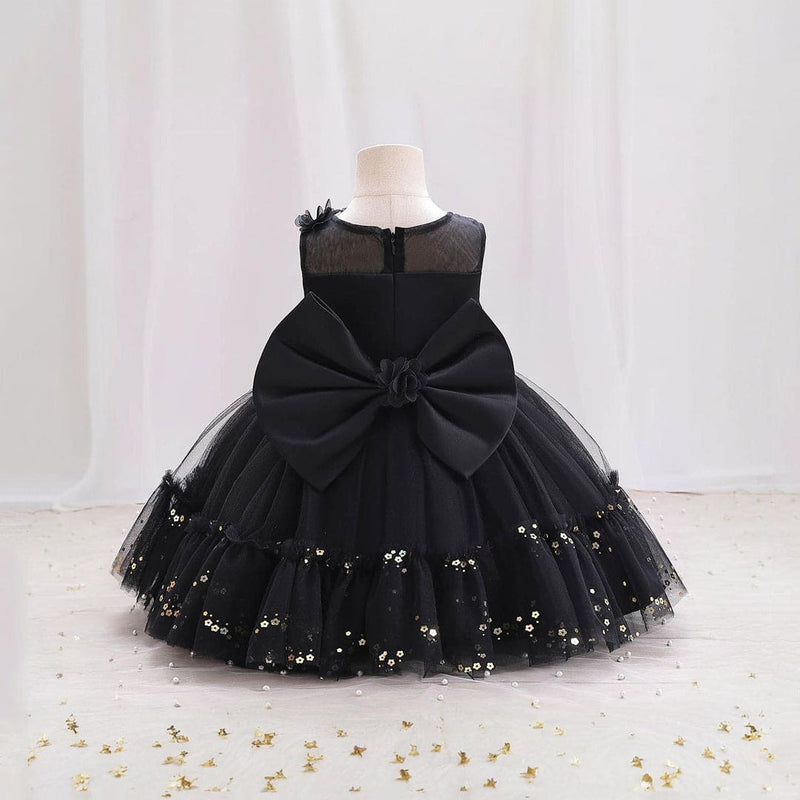 Girls Black Flower Embellished Partywear Dress With Back Bow Party Dresses