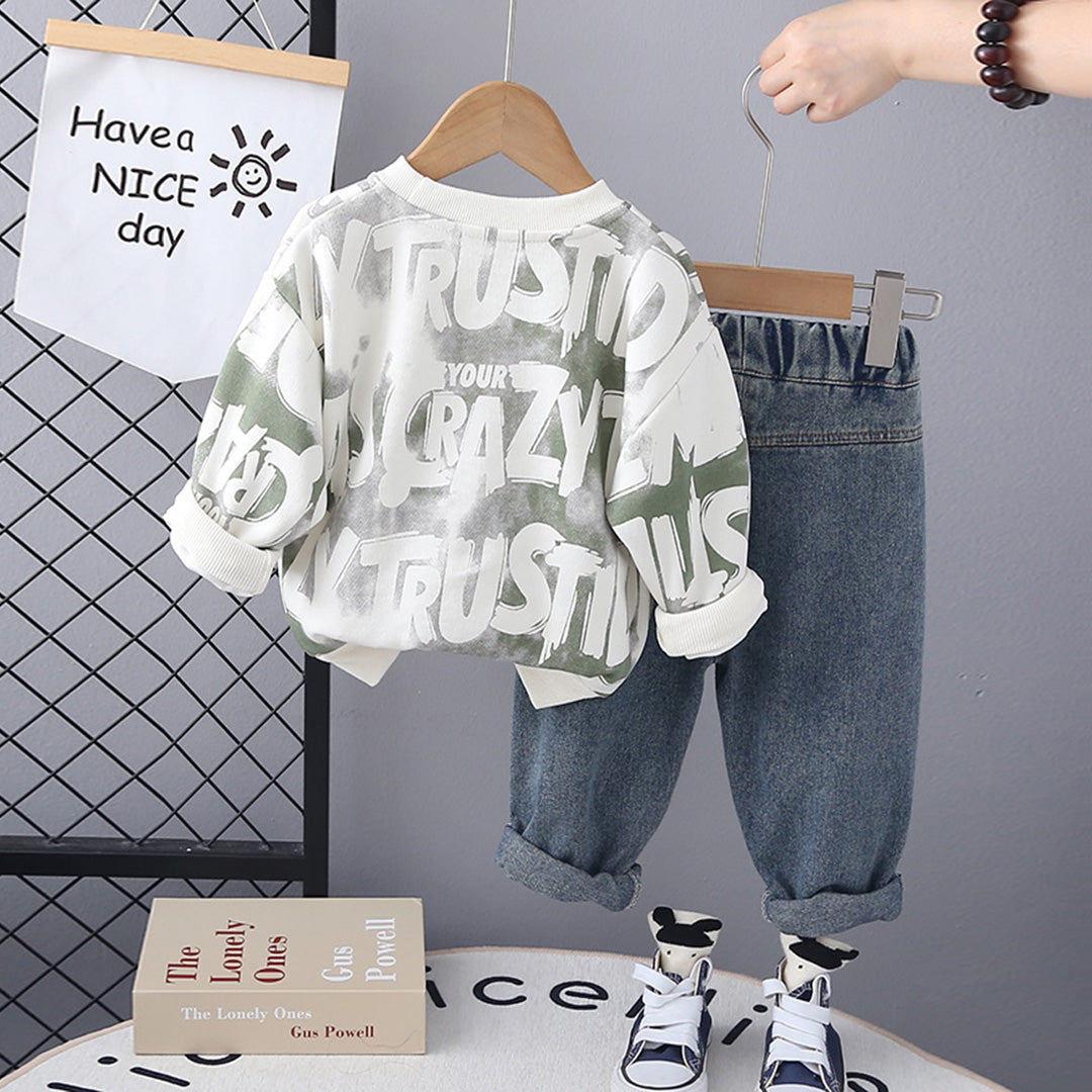 Boys Green Printed Sweatshirt With Denim Jeans Set Sets   
