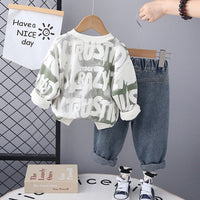 Boys Green Printed Sweatshirt With Denim Jeans Set Sets   